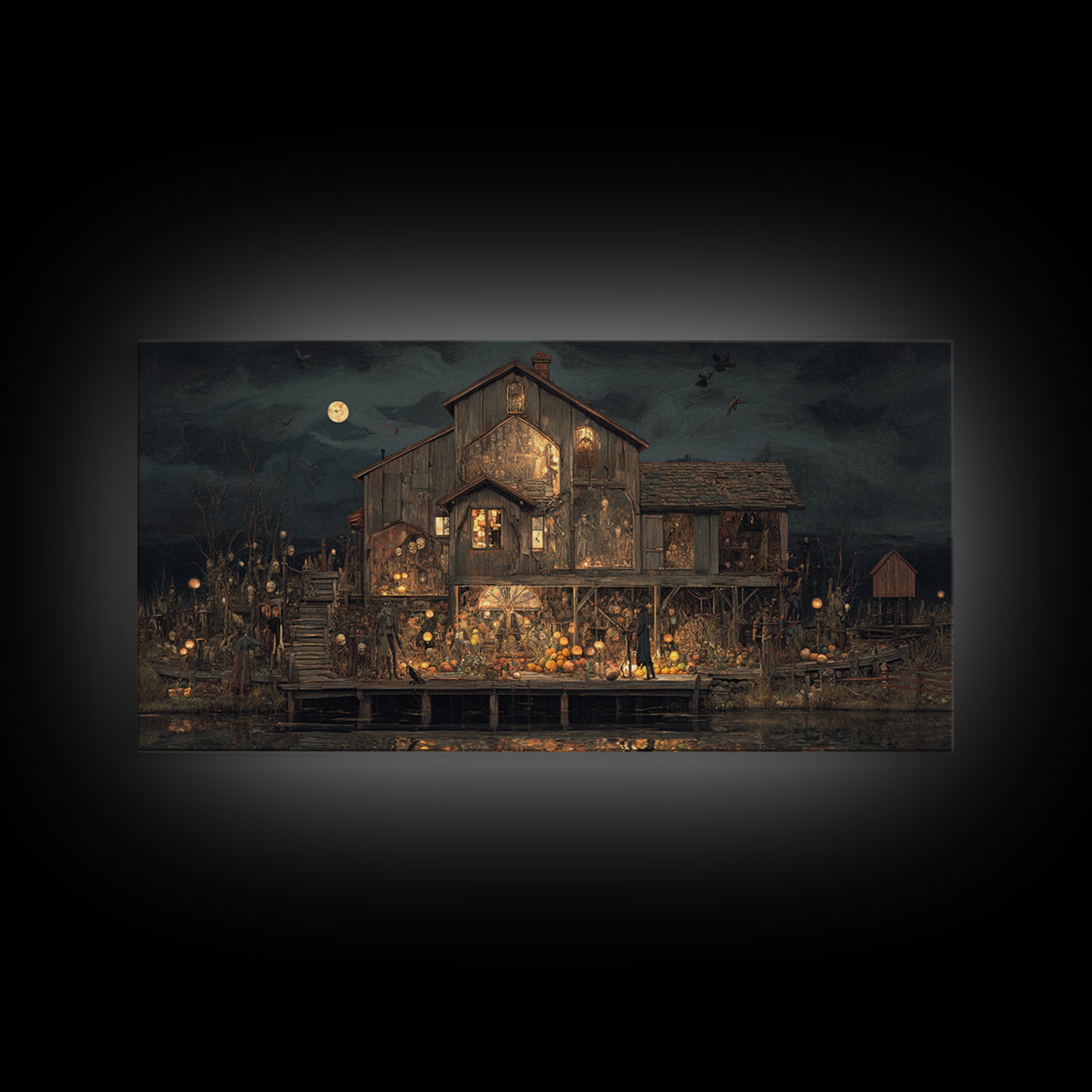 The Foggy Swamp Shack, Grotesque Carnival Art, Wide Panoramic Art, Gothic Horror Wall Art, Framed Canvas Print, Halloween Wall Art