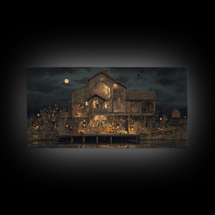 The Foggy Swamp Shack, Grotesque Carnival Art, Wide Panoramic Art, Gothic Horror Wall Art, Framed Canvas Print, Halloween Wall Art