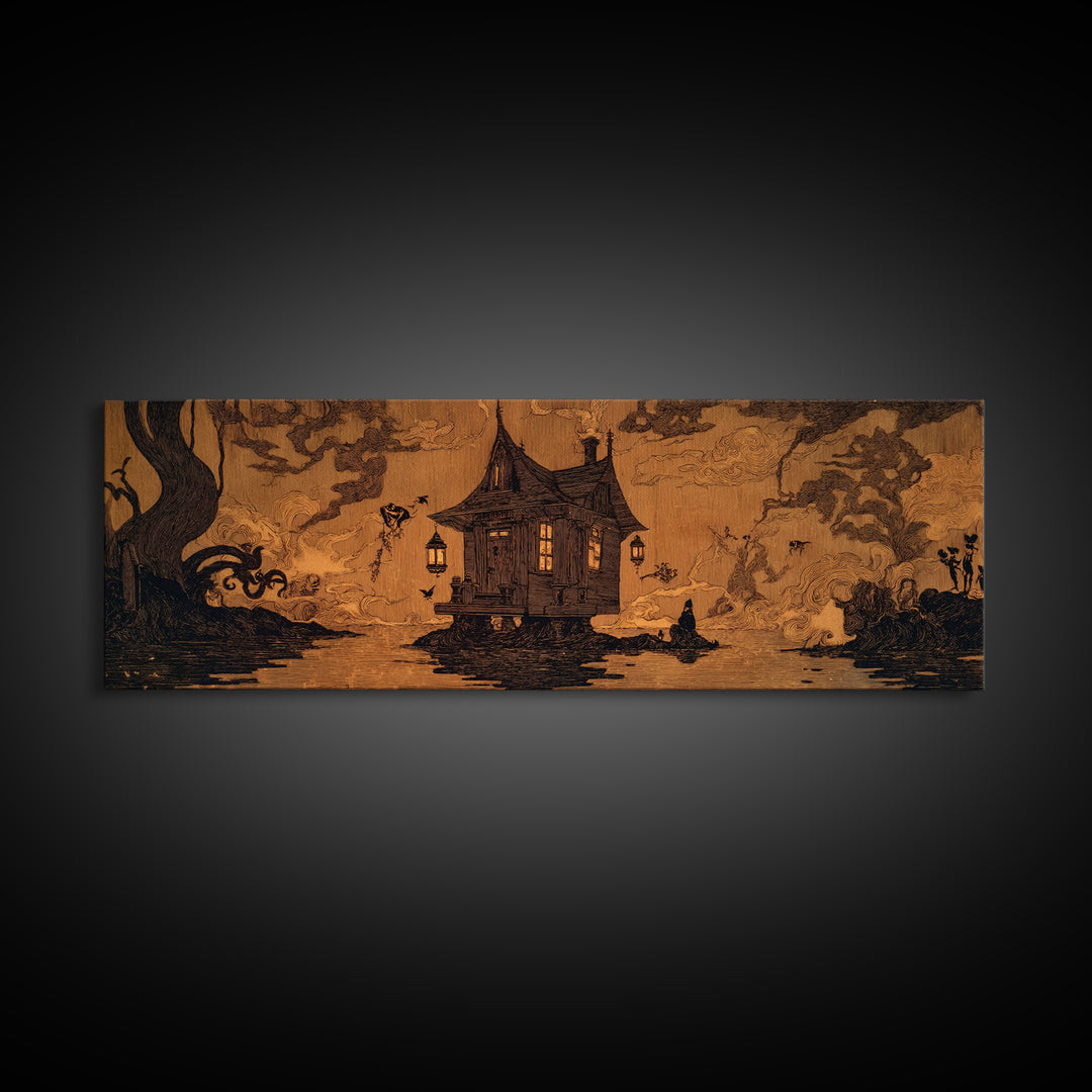 The Foggy Swamp Shack, Decadent Line Art, Extra Wide Wall Art, Dark Fantasy Wall Art, Framed Canvas Print, Halloween Wall Art