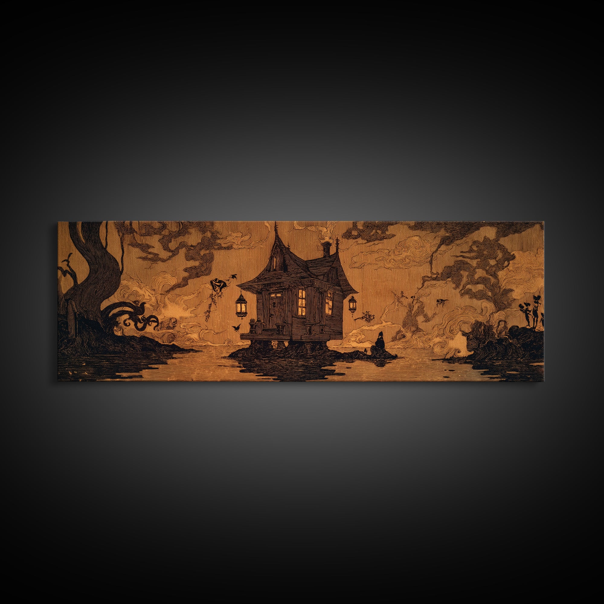 The Foggy Swamp Shack, Decadent Line Art, Extra Wide Wall Art, Dark Fantasy Wall Art, Framed Canvas Print, Halloween Wall Art