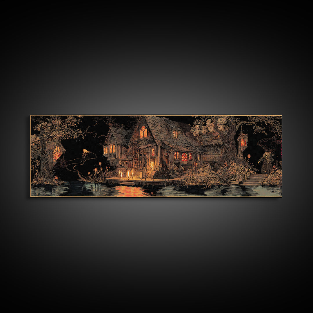 The Foggy Swamp Shack, Stained Glass Gothic Art, Extra Wide Wall Art, Macabre Wall Art, Framed Canvas Print, Halloween Wall Art