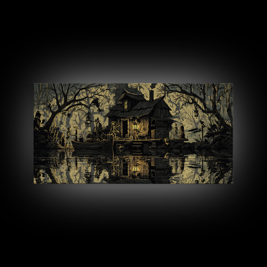 The Foggy Swamp Shack, Macabre Folk Print Art, Wide Panoramic Art, Gothic Horror Wall Art, Canvas Print, Halloween Wall Art