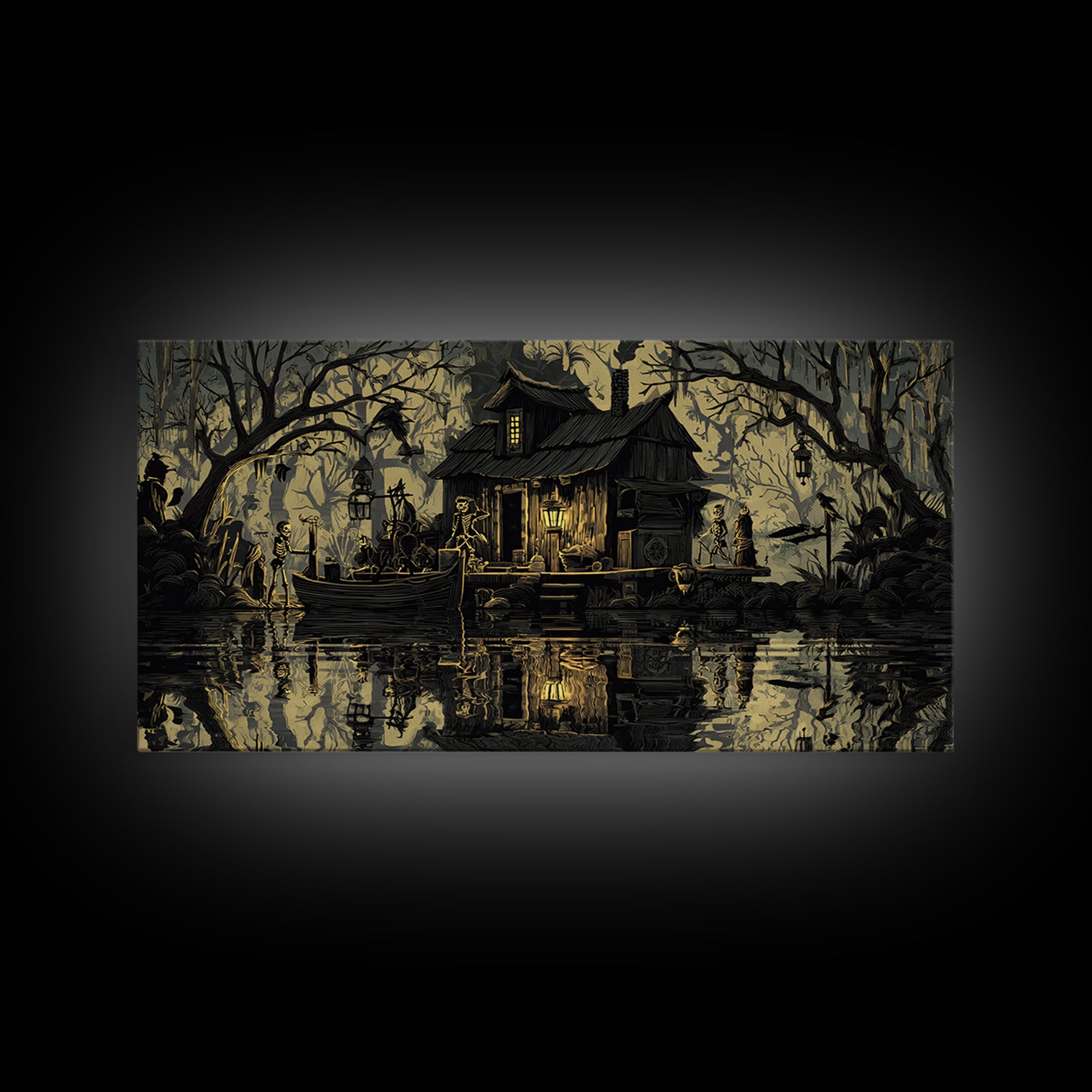 The Foggy Swamp Shack, Macabre Folk Print Art, Wide Panoramic Art, Gothic Horror Wall Art, Canvas Print, Halloween Wall Art