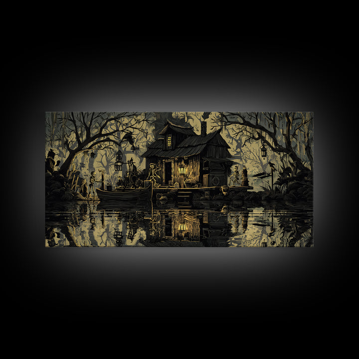 The Foggy Swamp Shack, Macabre Folk Print Art, Wide Panoramic Art, Gothic Horror Wall Art, Canvas Print, Halloween Wall Art