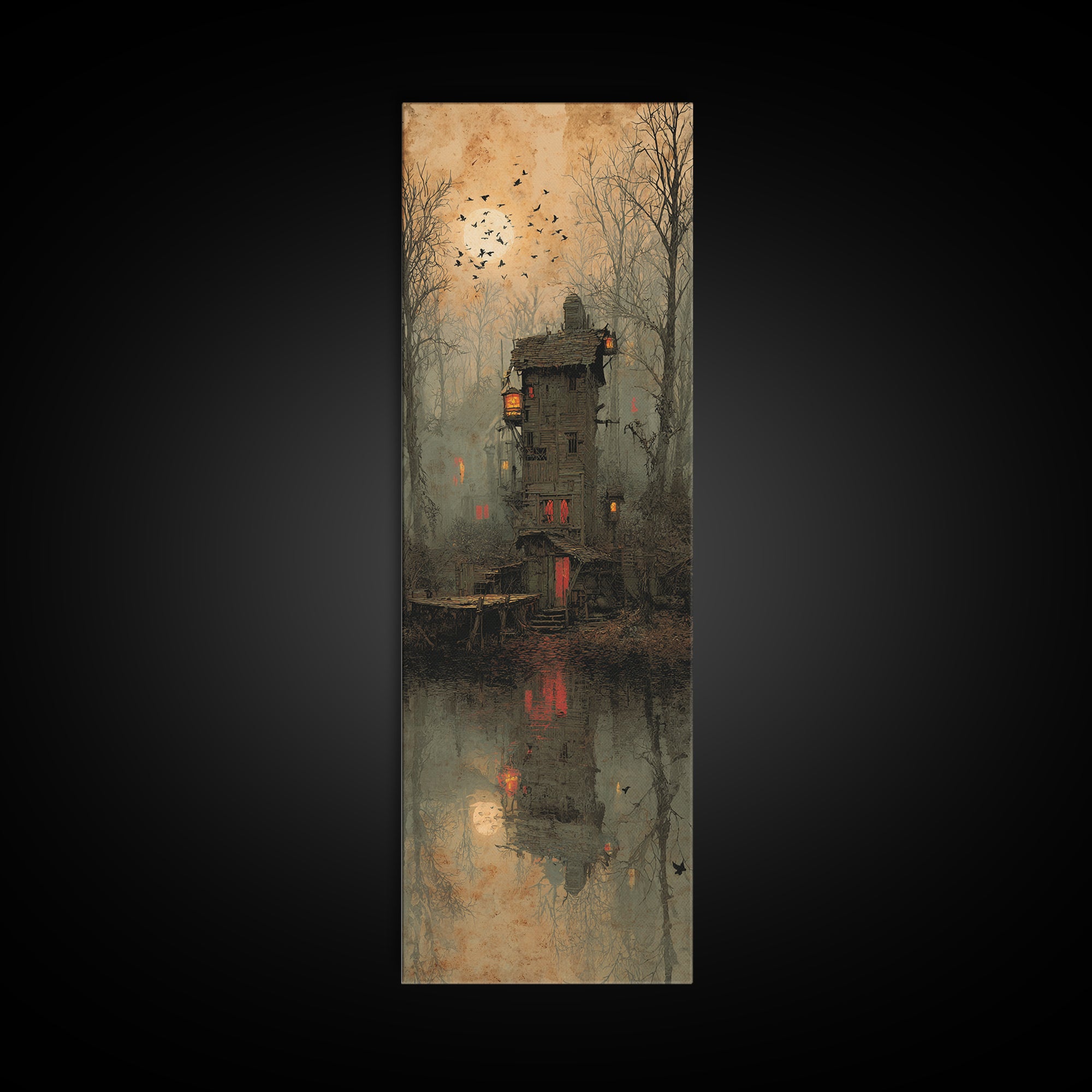 The Foggy Swamp Shack, Surreal Apocalyptic Art, Tall Narrow Wall Art, Gothic Horror Wall Art, Canvas Print, Halloween Wall Art