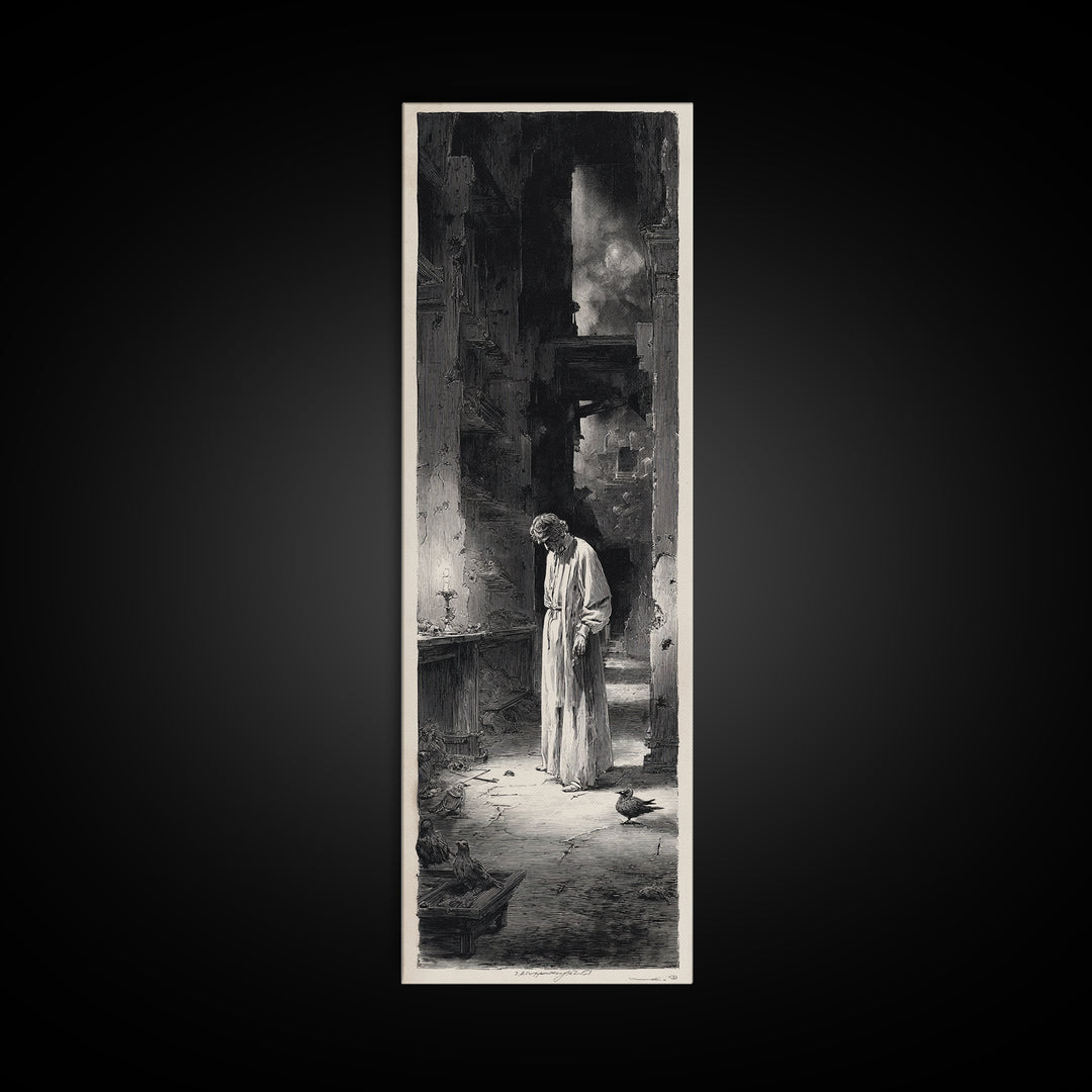 The Derelict Asylum, Gothic Engraving Art, Tall Narrow Wall Art, Dark Halloween Decor, Framed Canvas Print, Halloween Wall Art