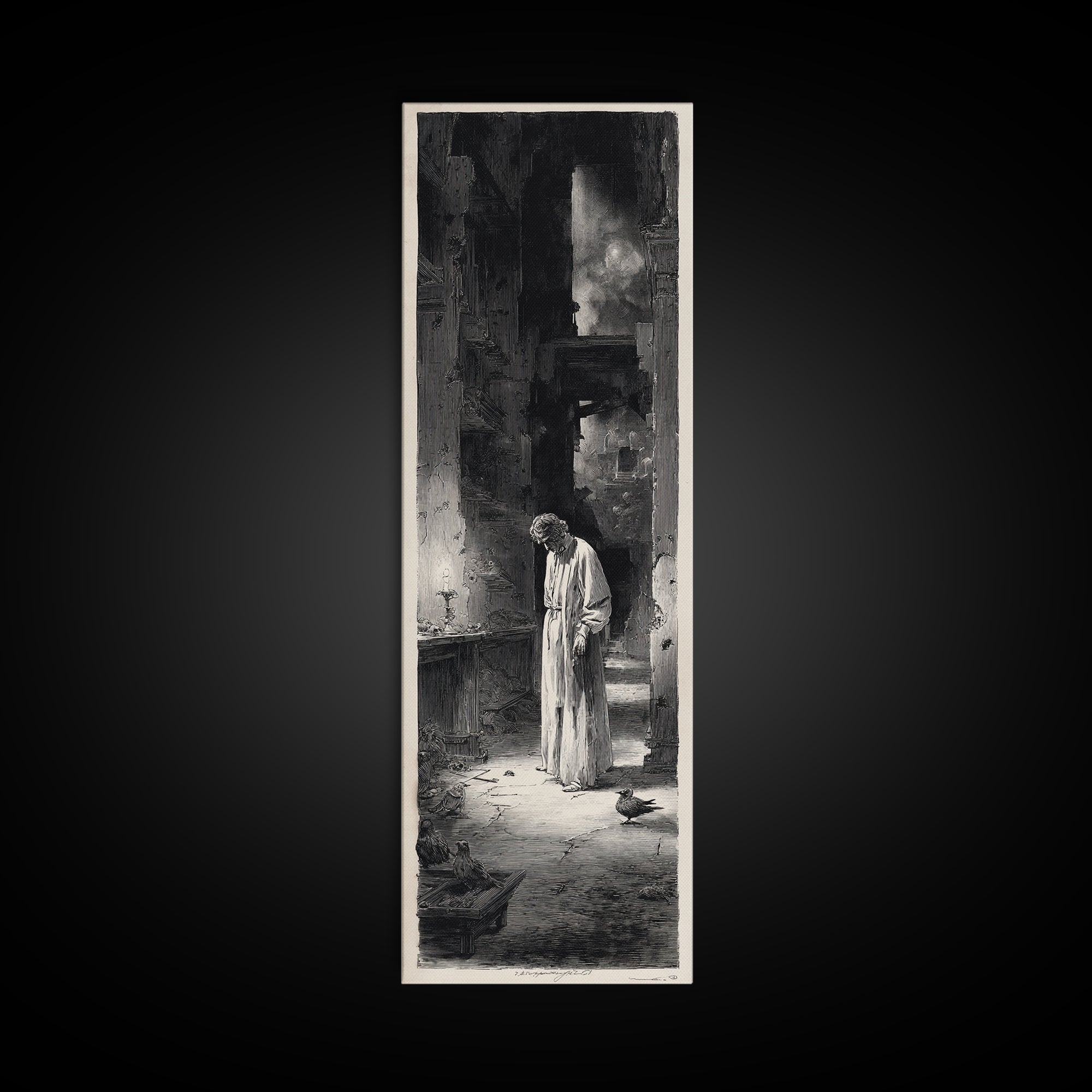 The Derelict Asylum, Gothic Engraving Art, Tall Narrow Wall Art, Dark Halloween Decor, Framed Canvas Print, Halloween Wall Art