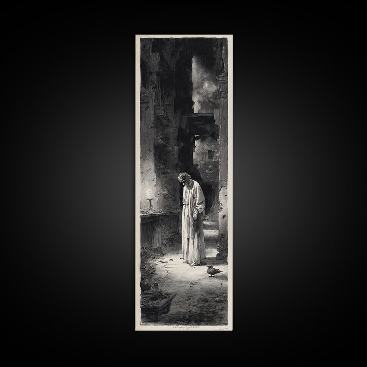 The Derelict Asylum, Gothic Engraving Art, Tall Narrow Wall Art, Dark Halloween Decor, Framed Canvas Print, Halloween Wall Art