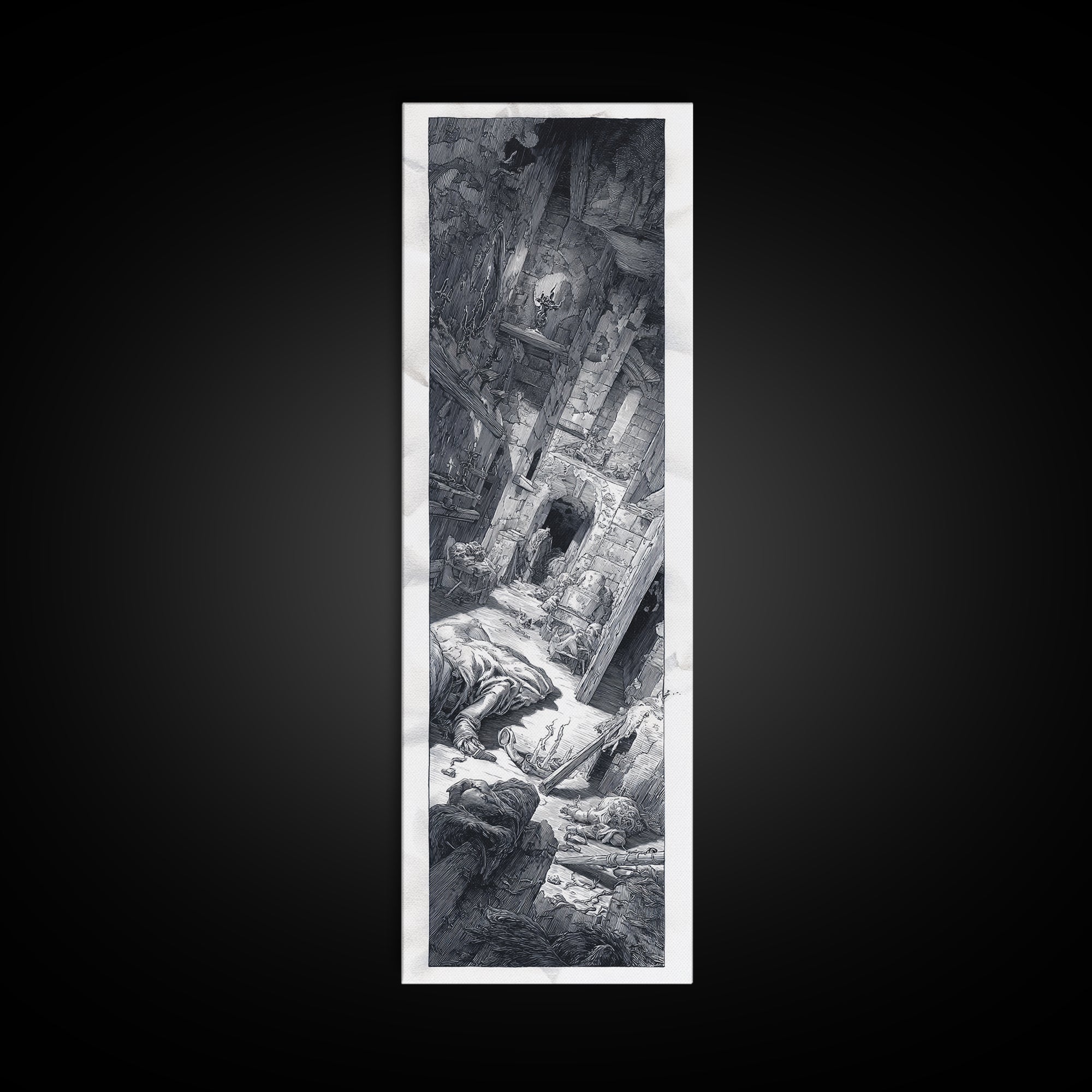 The Derelict Asylum, Renaissance Engraving Art, Tall Narrow Wall Art, Dark Halloween Decor, Framed Canvas Print, Halloween Wall Art