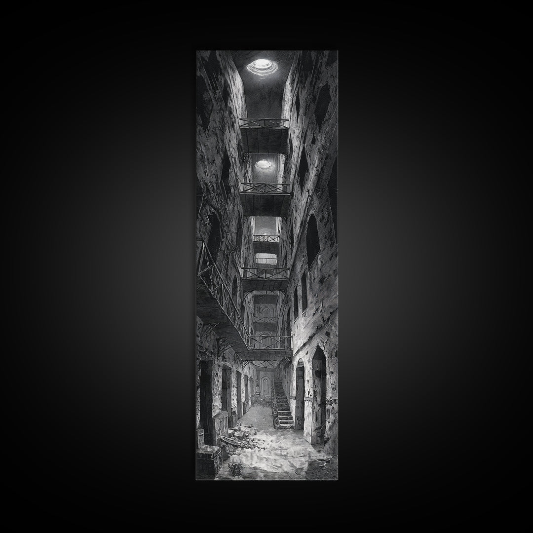 The Derelict Asylum, Architectural Etching Art, Tall Narrow Wall Art, Gothic Horror Wall Art, Canvas Print, Halloween Wall Art