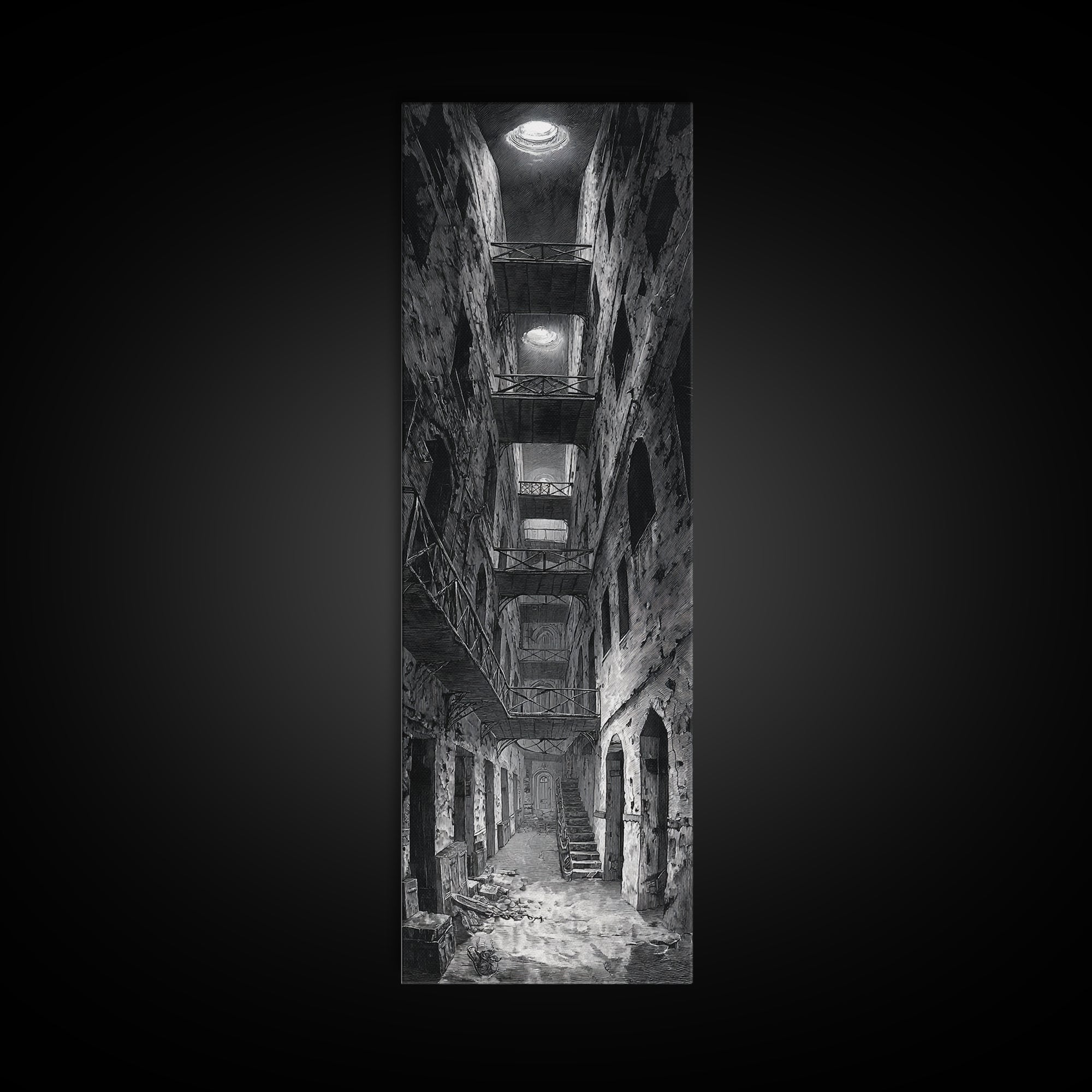The Derelict Asylum, Architectural Etching Art, Tall Narrow Wall Art, Gothic Horror Wall Art, Canvas Print, Halloween Wall Art
