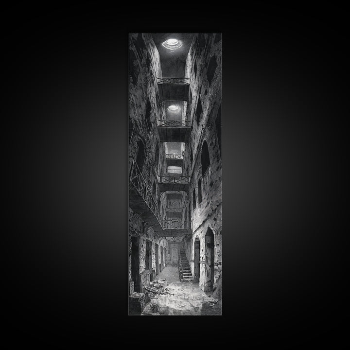 The Derelict Asylum, Architectural Etching Art, Tall Narrow Wall Art, Gothic Horror Wall Art, Canvas Print, Halloween Wall Art