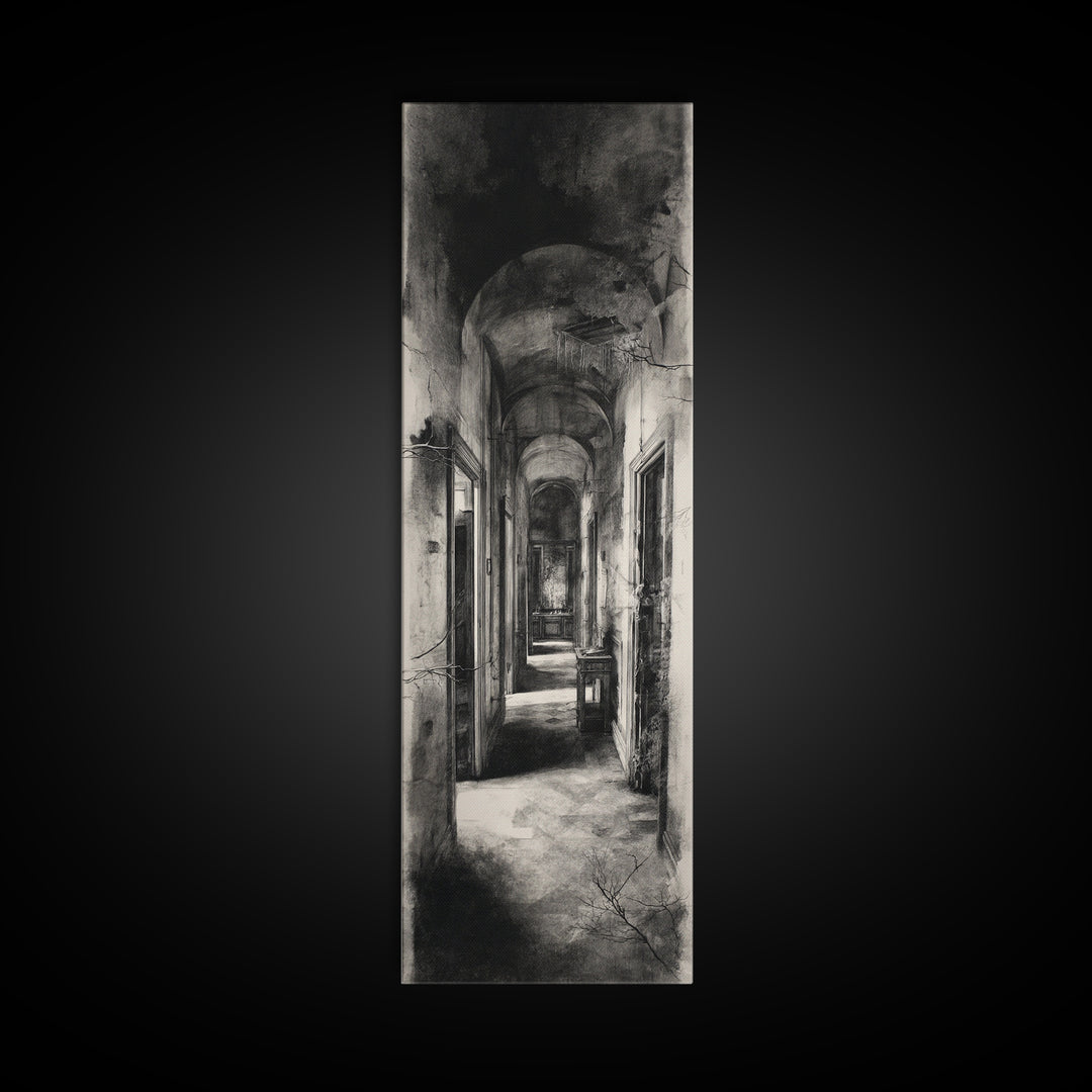 The Derelict Asylum, Symbolist Dream Art, Tall Narrow Wall Art, Gothic Horror Wall Art, Framed Canvas Print, Halloween Wall Art