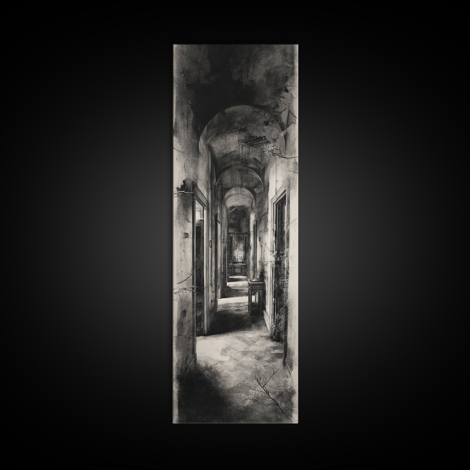 The Derelict Asylum, Symbolist Dream Art, Tall Narrow Wall Art, Gothic Horror Wall Art, Framed Canvas Print, Halloween Wall Art