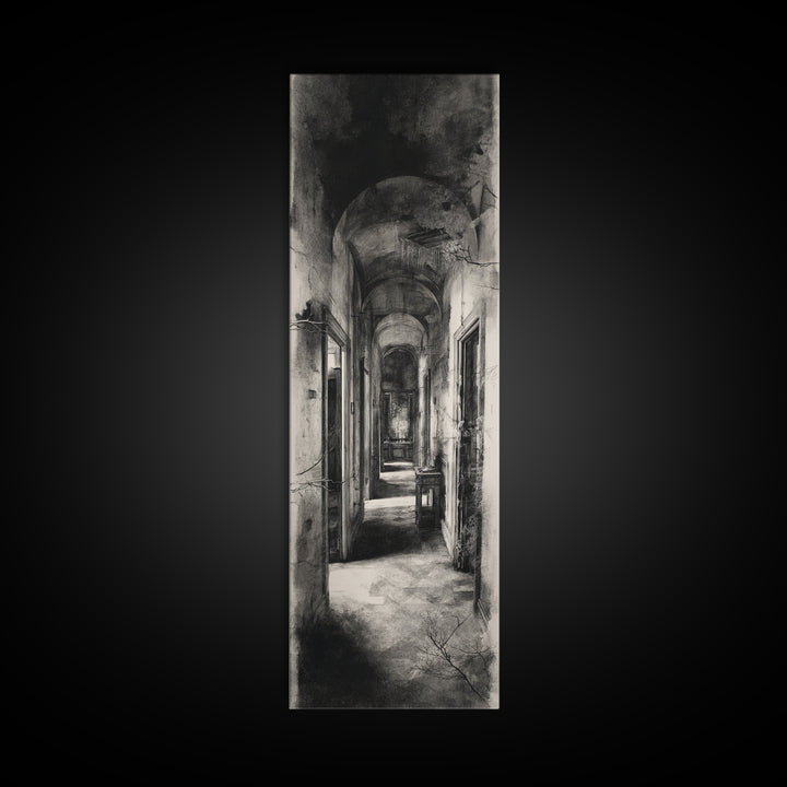 The Derelict Asylum, Symbolist Dream Art, Tall Narrow Wall Art, Gothic Horror Wall Art, Framed Canvas Print, Halloween Wall Art