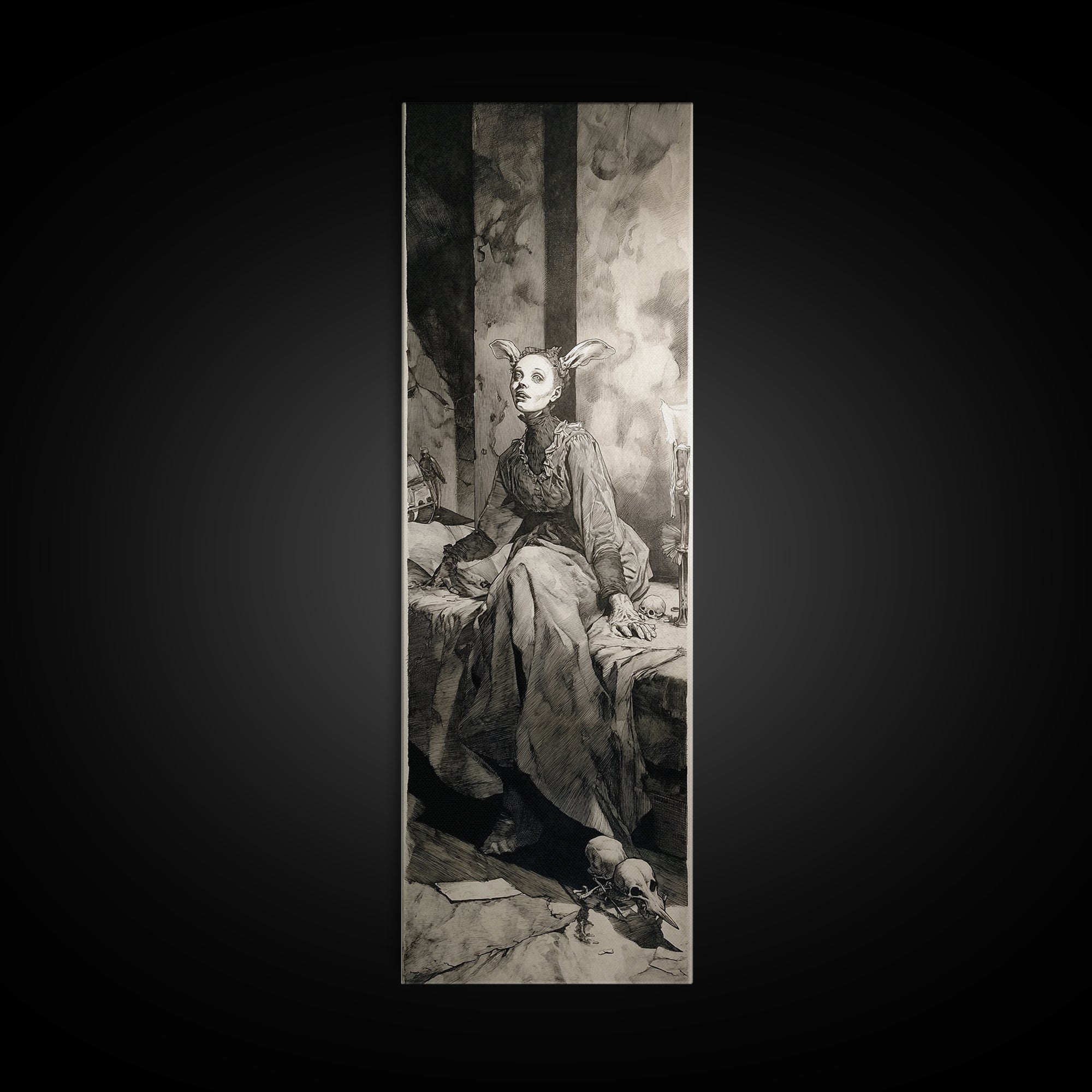 The Derelict Asylum, Decadent Gothic Art, Tall Narrow Wall Art, Dark Fantasy Wall Art, Framed Canvas Print, Halloween Wall Art