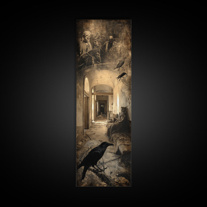 The Derelict Asylum, Symbolist Etching Art, Tall Narrow Wall Art, Dark Halloween Decor, Framed Canvas Print, Halloween Wall Art