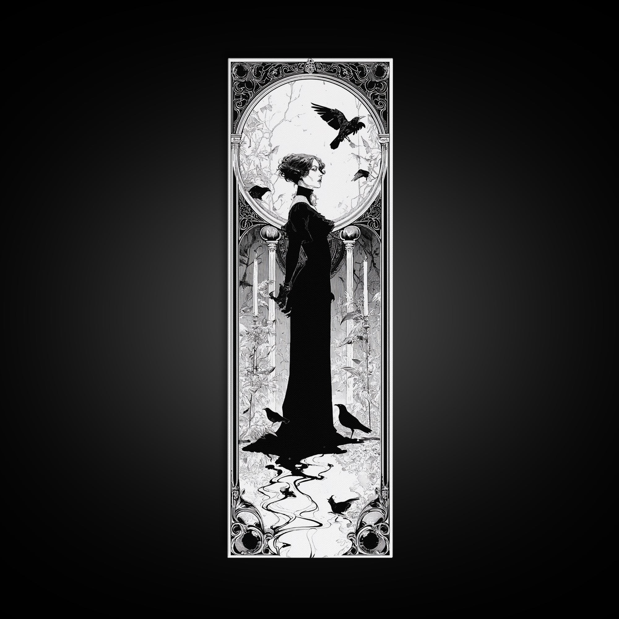The Derelict Asylum, Decadent Line Art, Tall Narrow Wall Art, Dark Halloween Decor, Canvas Print, Halloween Wall Art