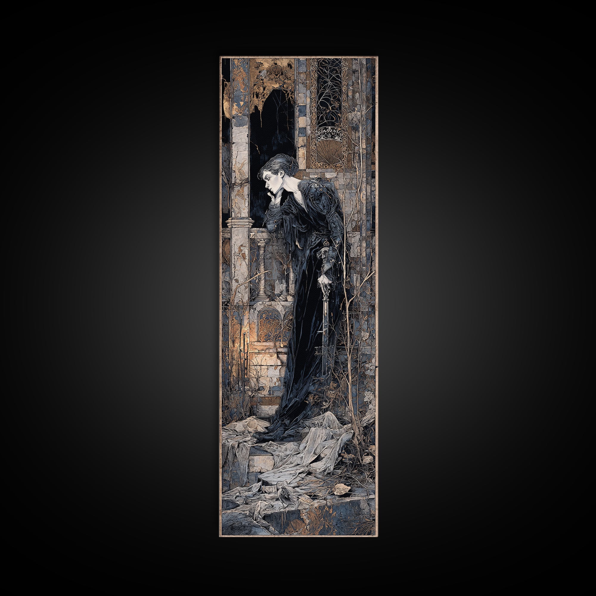 The Derelict Asylum, Stained Glass Gothic Art, Tall Narrow Wall Art, Dark Fantasy Wall Art, Framed Canvas Print, Halloween Wall Art
