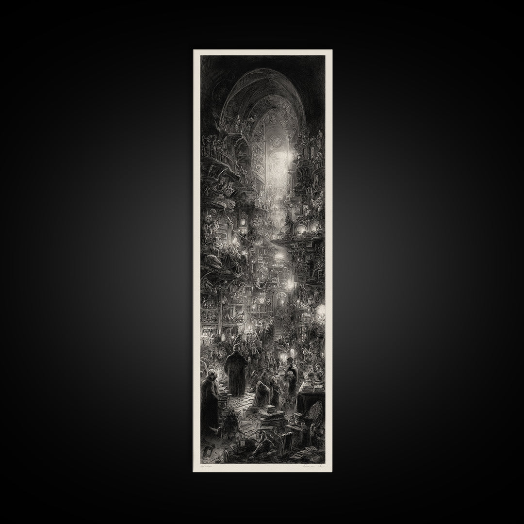 The Midnight Antique Shop, Gothic Engraving Art, Tall Narrow Wall Art, Dark Fantasy Wall Art, Framed Canvas Print, Halloween Wall Art