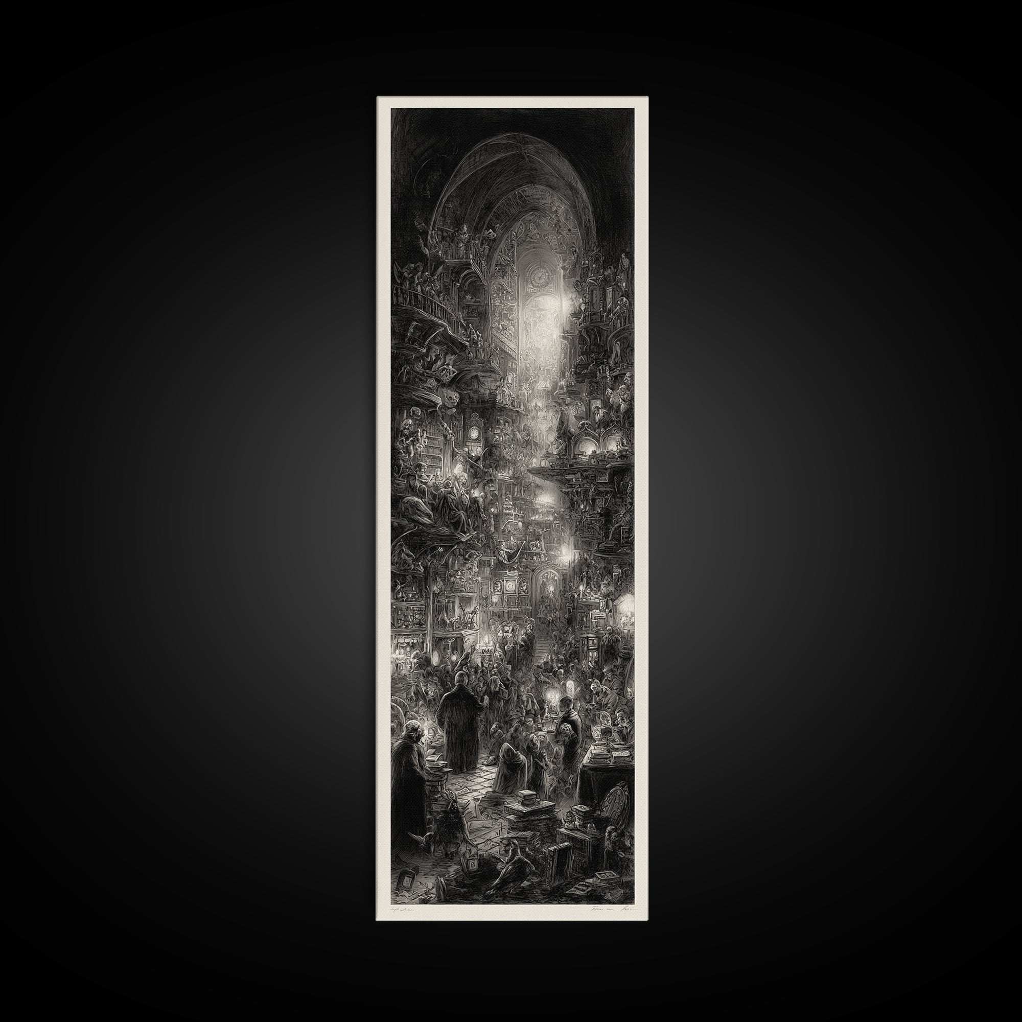 The Midnight Antique Shop, Gothic Engraving Art, Tall Narrow Wall Art, Dark Fantasy Wall Art, Framed Canvas Print, Halloween Wall Art