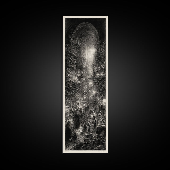 The Midnight Antique Shop, Gothic Engraving Art, Tall Narrow Wall Art, Dark Fantasy Wall Art, Framed Canvas Print, Halloween Wall Art