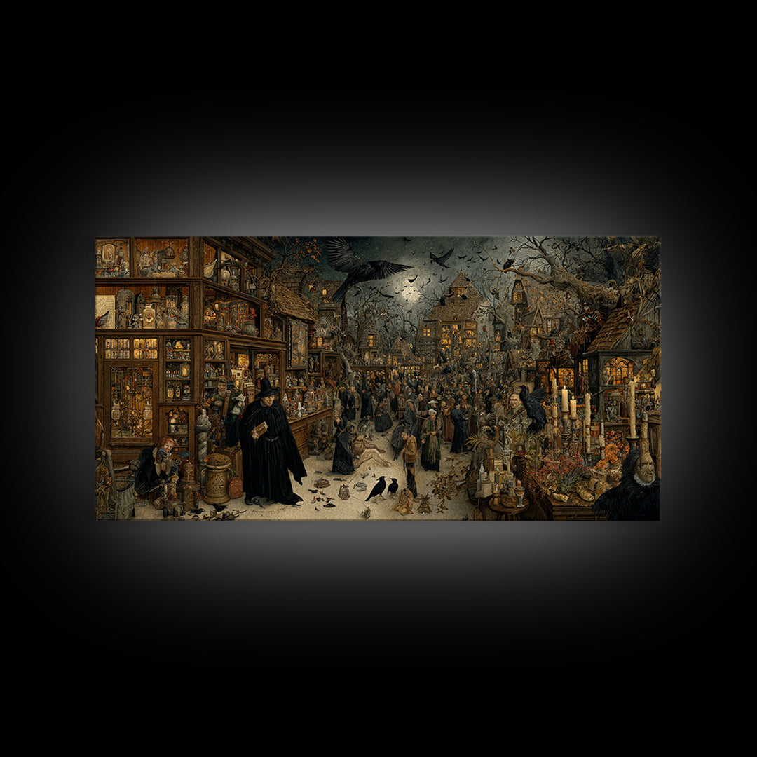 The Midnight Antique Shop, Northern Renaissance Horror, Wide Panoramic Art, Gothic Horror Wall Art, Canvas Print
