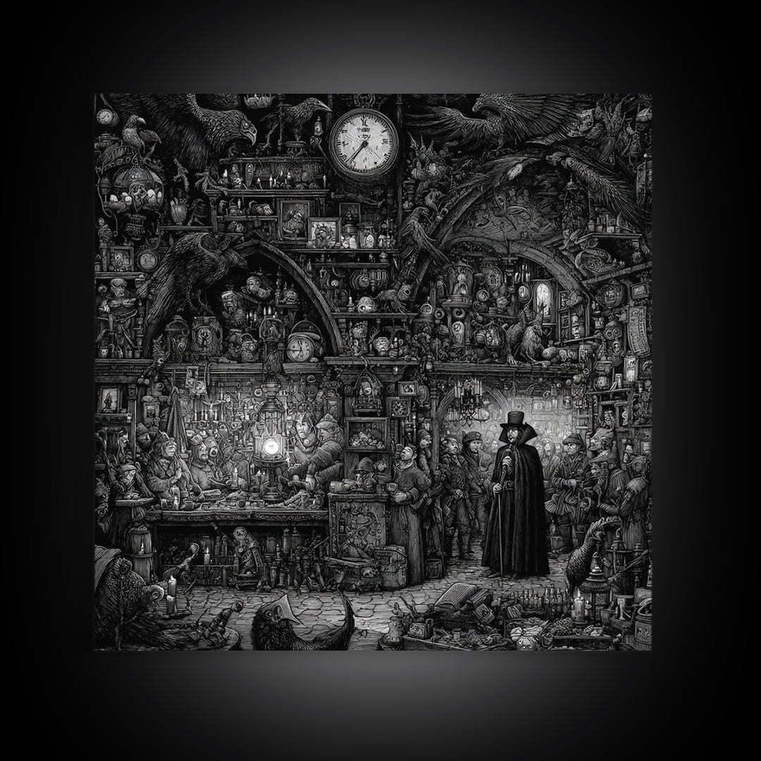 The Midnight Antique Shop, Renaissance Engraving Art, Square Wall Art, Dark Fantasy Wall Art, Framed Canvas Print, Halloween Wall Art