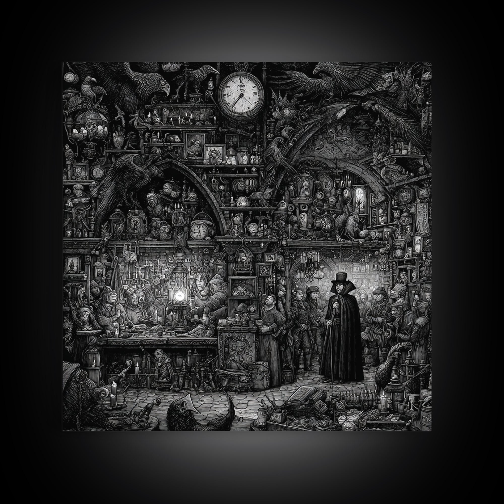 The Midnight Antique Shop, Renaissance Engraving Art, Square Wall Art, Dark Fantasy Wall Art, Framed Canvas Print, Halloween Wall Art