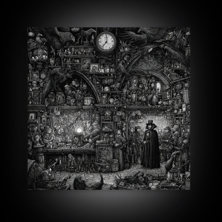The Midnight Antique Shop, Renaissance Engraving Art, Square Wall Art, Dark Fantasy Wall Art, Framed Canvas Print, Halloween Wall Art
