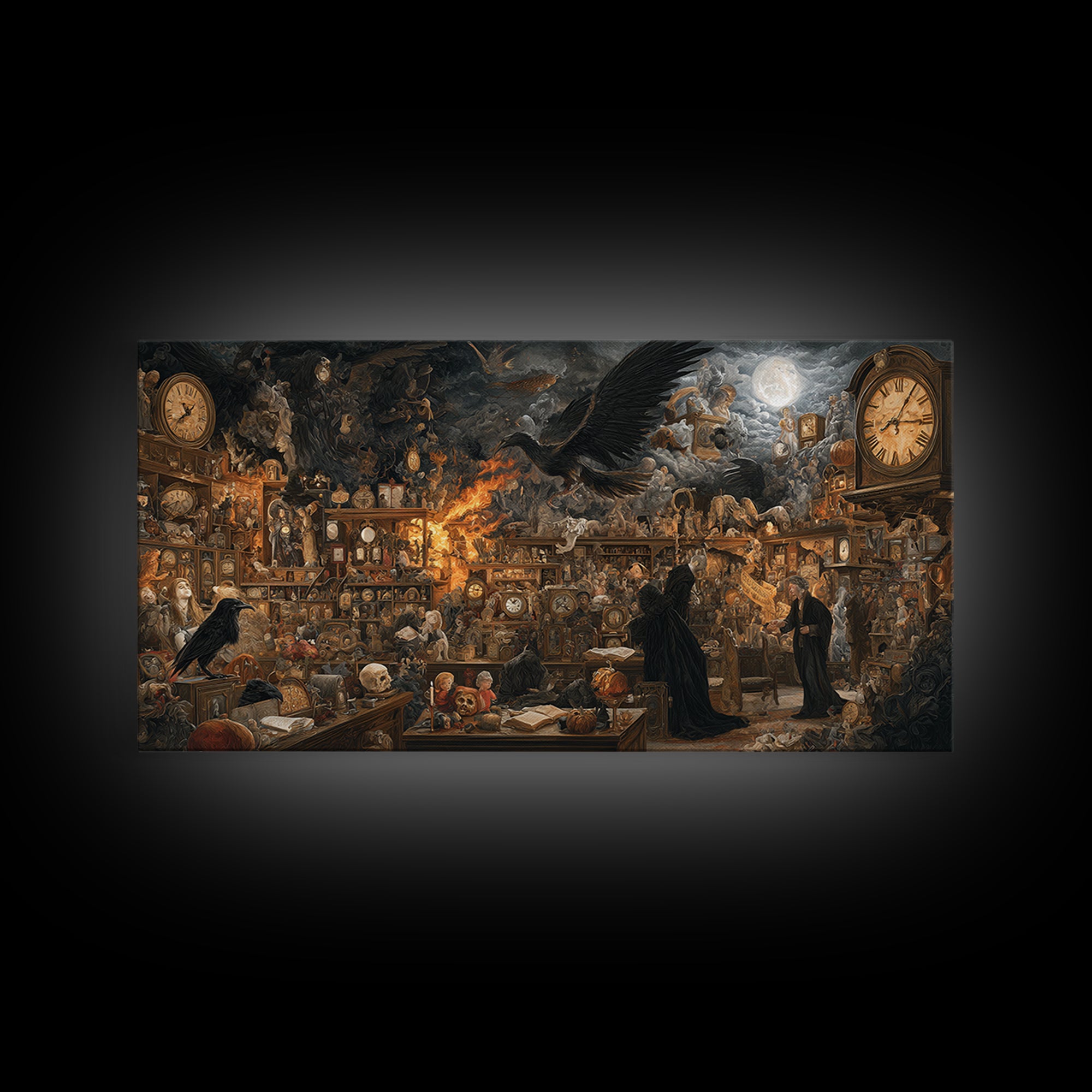The Midnight Antique Shop, Visionary Gothic Art, Wide Panoramic Art, Gothic Horror Wall Art, Framed Canvas Print, Halloween Wall Art
