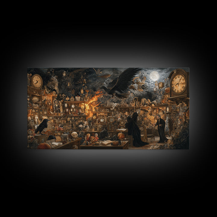 The Midnight Antique Shop, Visionary Gothic Art, Wide Panoramic Art, Gothic Horror Wall Art, Framed Canvas Print, Halloween Wall Art