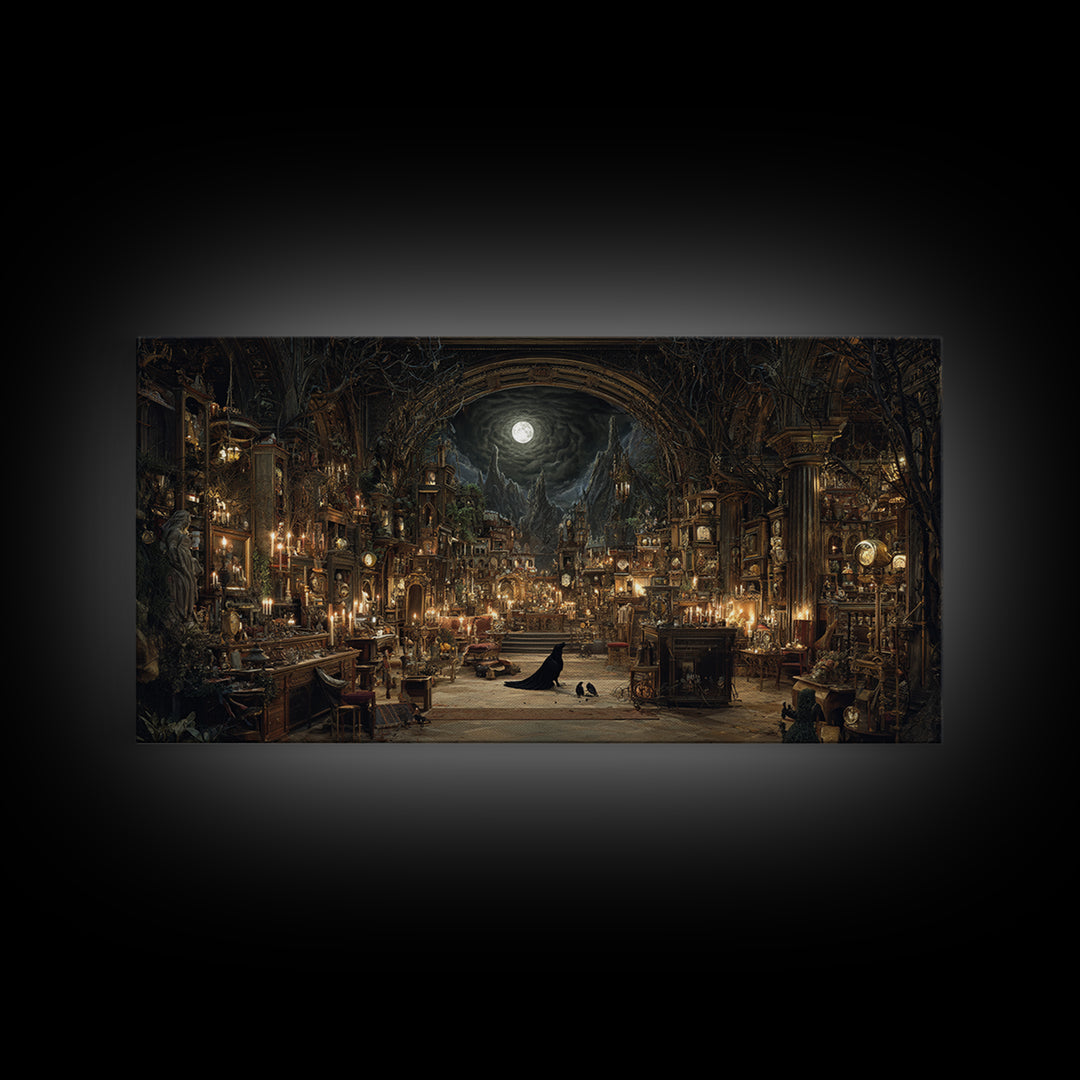 The Midnight Antique Shop, Apocalyptic Romantic Art, Wide Panoramic Art, Gothic Horror Wall Art, Canvas Print, Halloween Wall Art