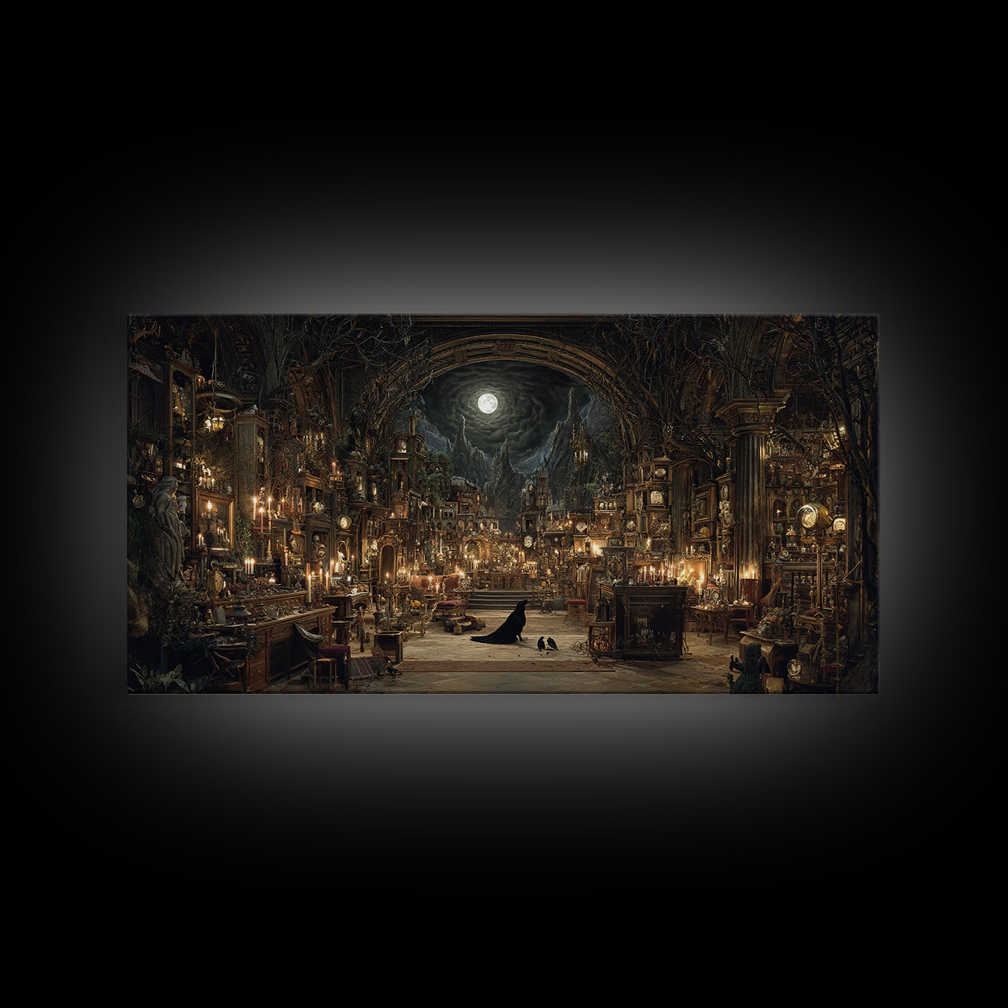 The Midnight Antique Shop, Apocalyptic Romantic Art, Wide Panoramic Art, Gothic Horror Wall Art, Canvas Print, Halloween Wall Art