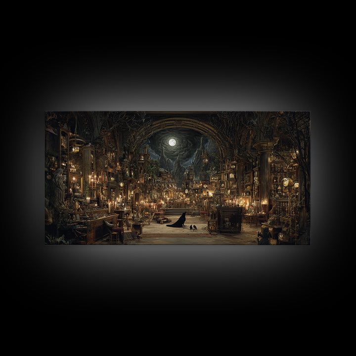 The Midnight Antique Shop, Apocalyptic Romantic Art, Wide Panoramic Art, Gothic Horror Wall Art, Canvas Print, Halloween Wall Art