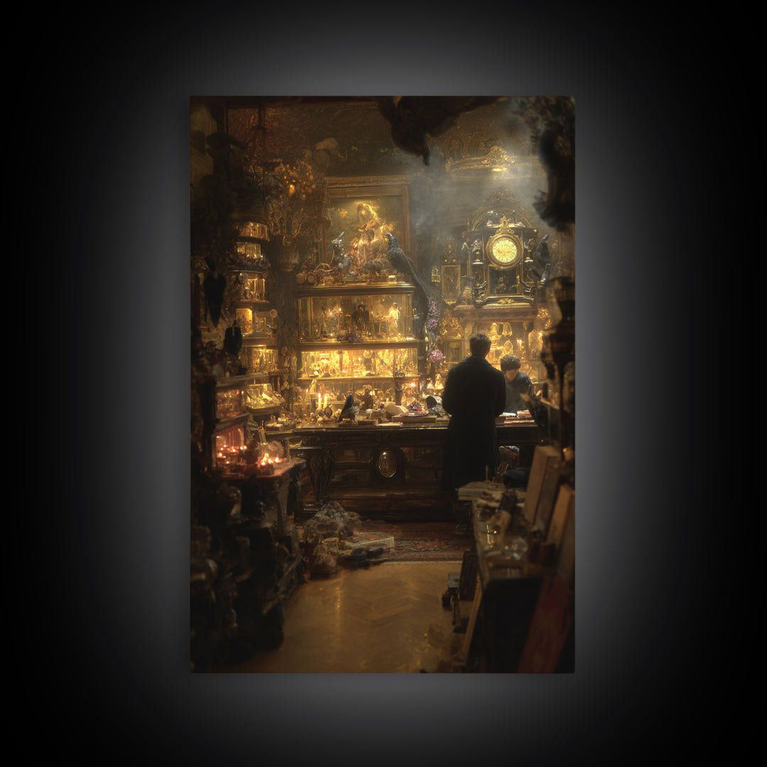The Midnight Antique Shop, Ornate Symbolist Art, Vertical Wall Art, Dark Fantasy Wall Art, Framed Canvas Print, Halloween Wall Art
