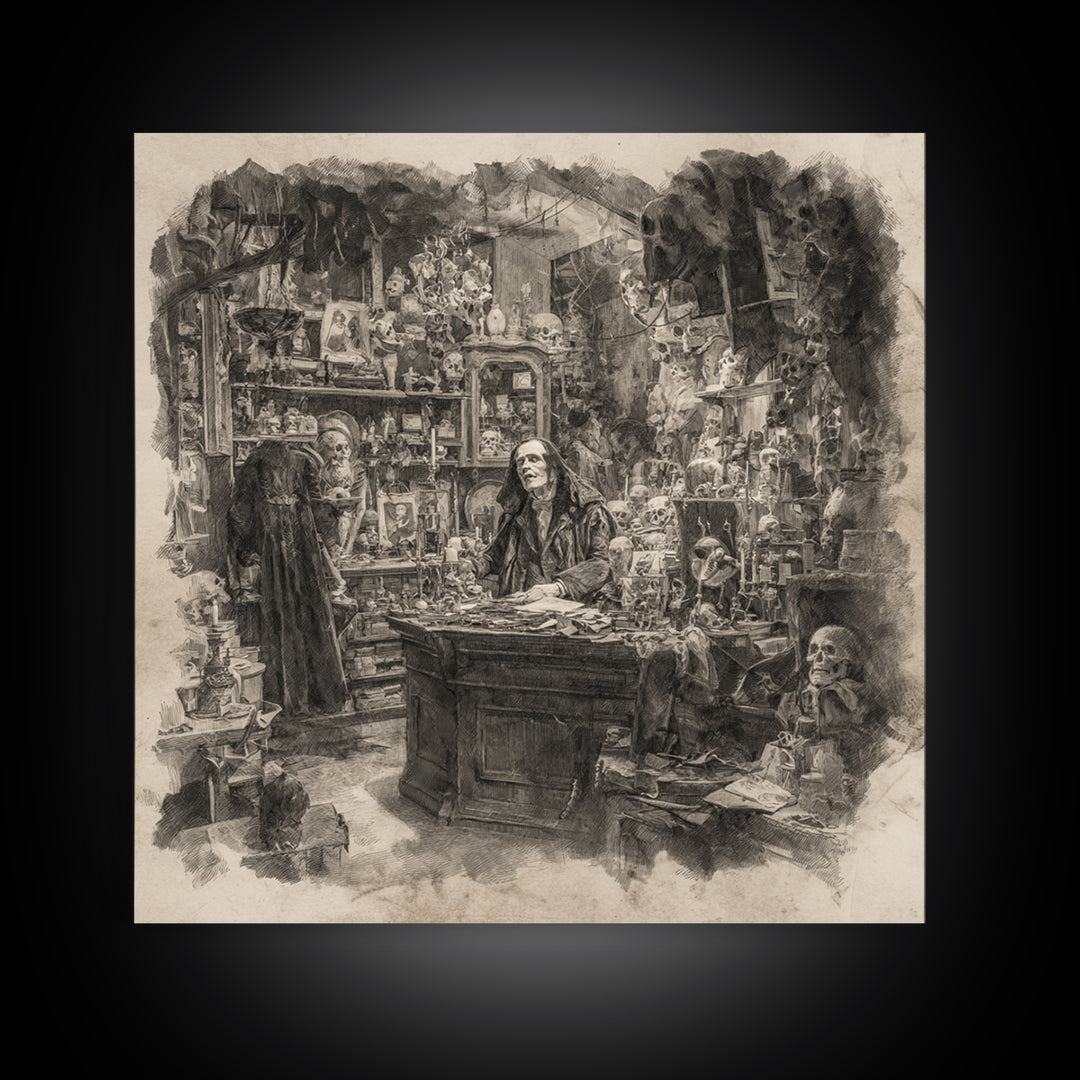 The Midnight Antique Shop, Decadent Gothic Art, Square Wall Art, Gothic Horror Wall Art, Framed Canvas Print, Halloween Wall Art