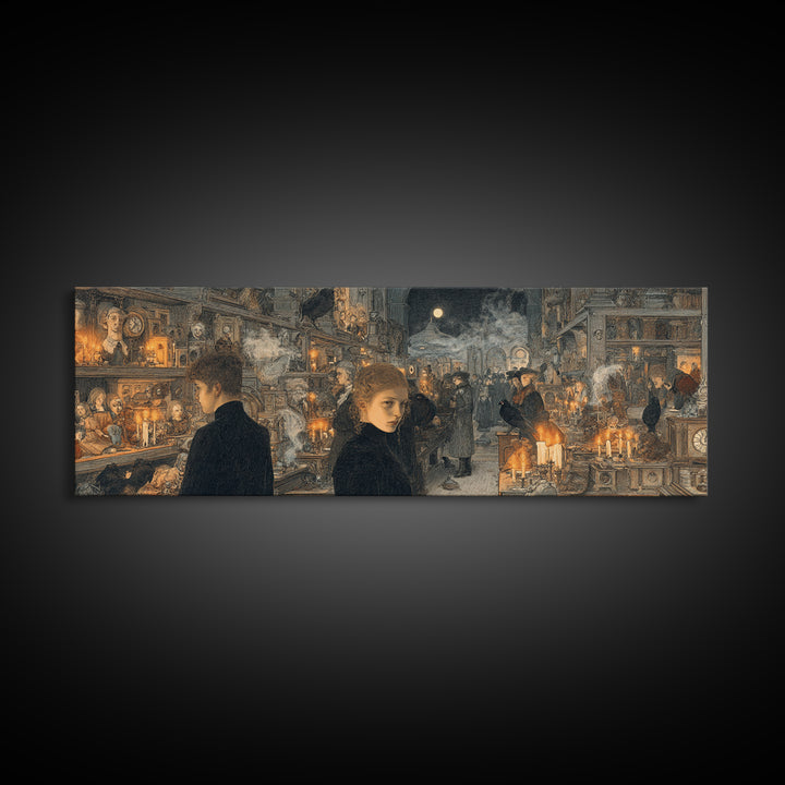 The Midnight Antique Shop, Symbolist Death Art, Extra Wide Wall Art, Macabre Wall Art, Canvas Print, Halloween Wall Art
