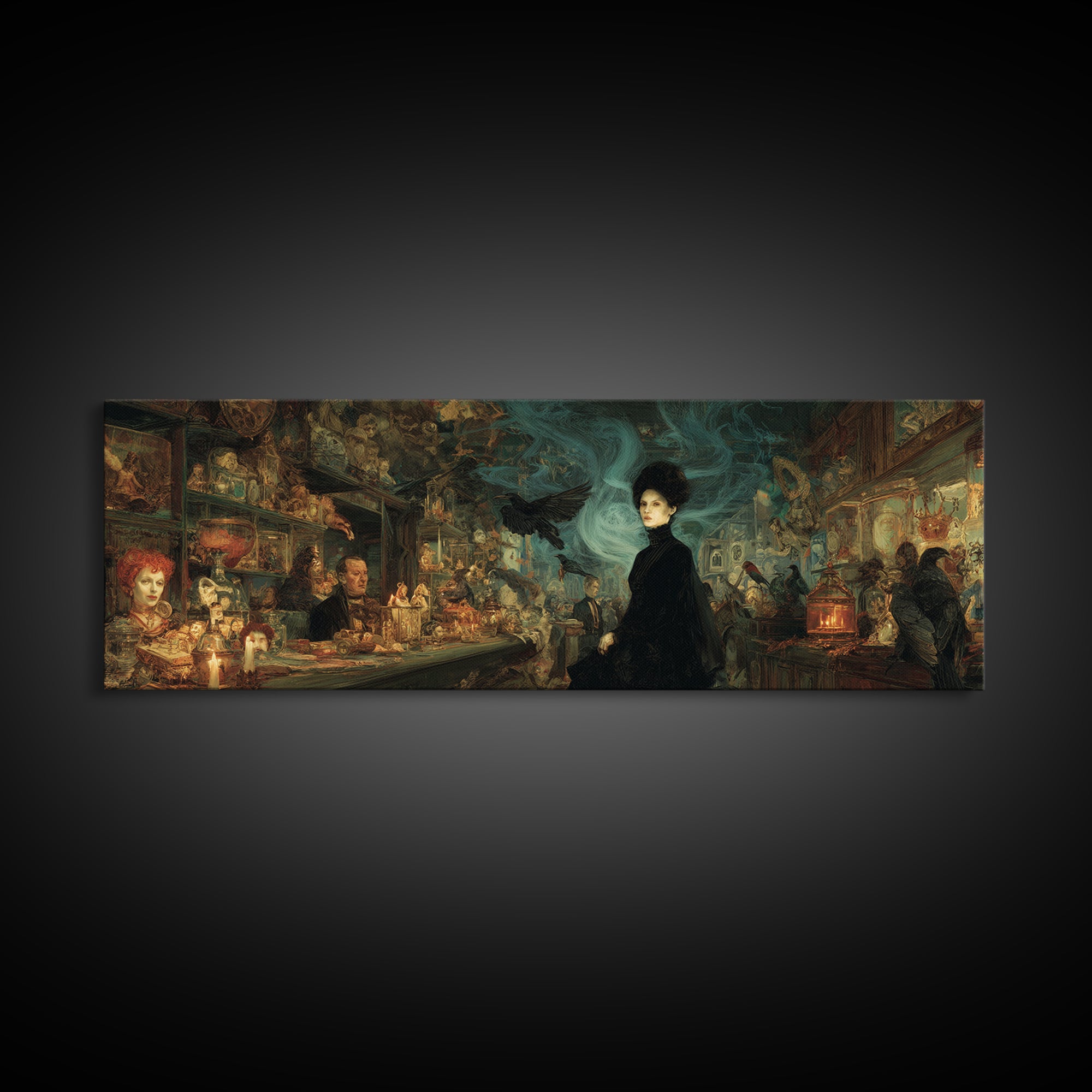 The Midnight Antique Shop, Expressionist Gothic Art, Extra Wide Wall Art, Dark Halloween Decor, Framed Canvas Print, Halloween Wall Art