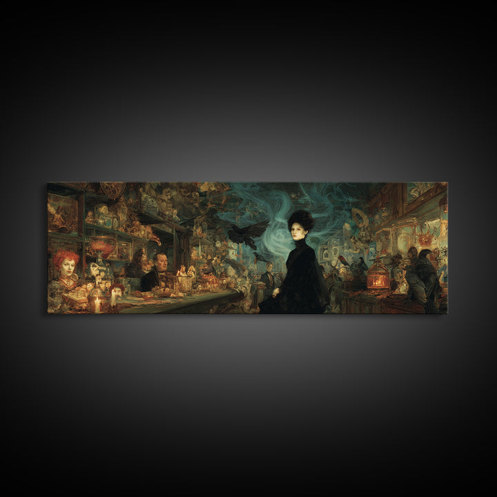 The Midnight Antique Shop, Expressionist Gothic Art, Extra Wide Wall Art, Dark Halloween Decor, Framed Canvas Print, Halloween Wall Art