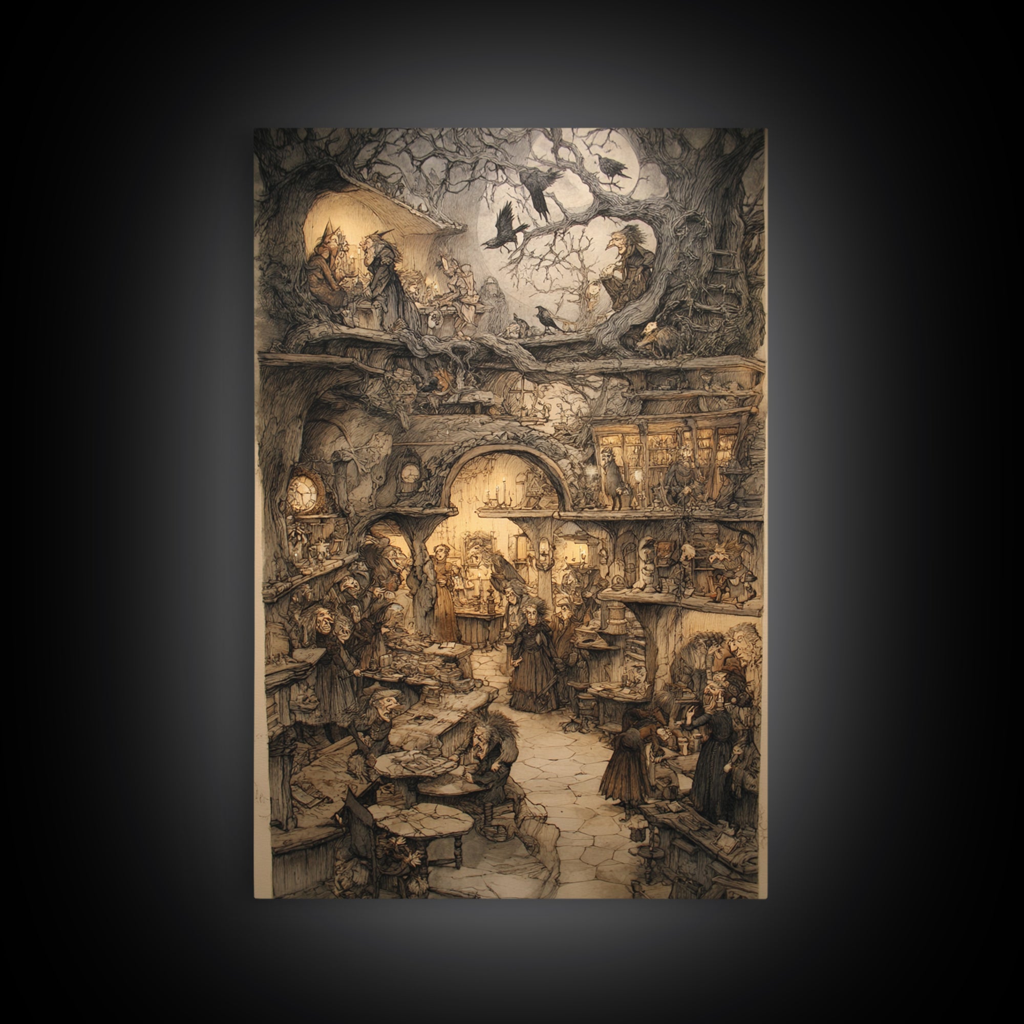 The Midnight Antique Shop, Gothic Storybook Art, Vertical Wall Art, Dark Fantasy Wall Art, Framed Canvas Print, Halloween Wall Art