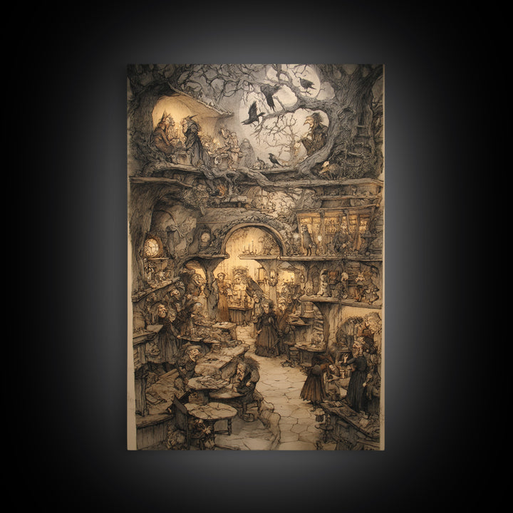 The Midnight Antique Shop, Gothic Storybook Art, Vertical Wall Art, Dark Fantasy Wall Art, Framed Canvas Print, Halloween Wall Art