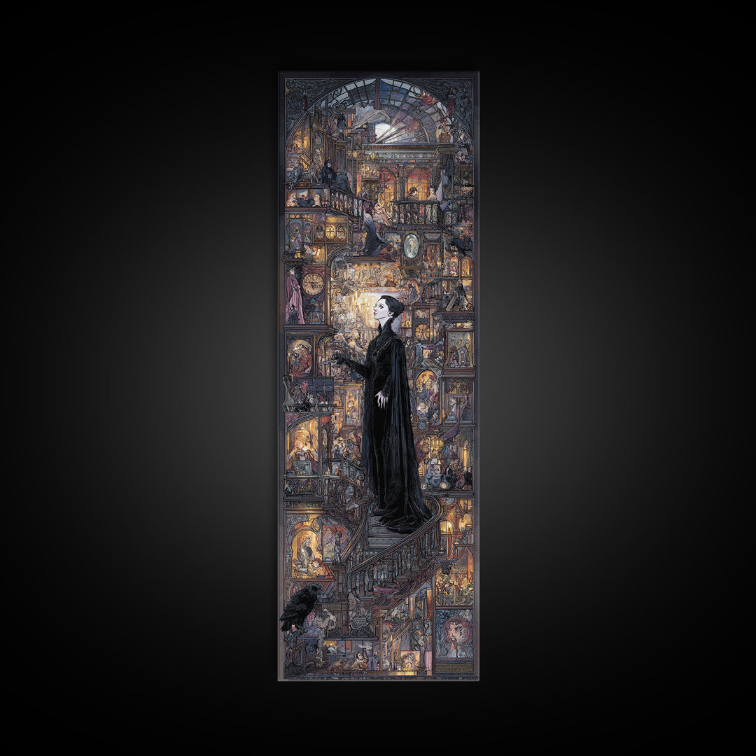 The Midnight Antique Shop, Stained Glass Gothic Art, Tall Narrow Wall Art, Macabre Wall Art, Framed Canvas Print, Halloween Wall Art