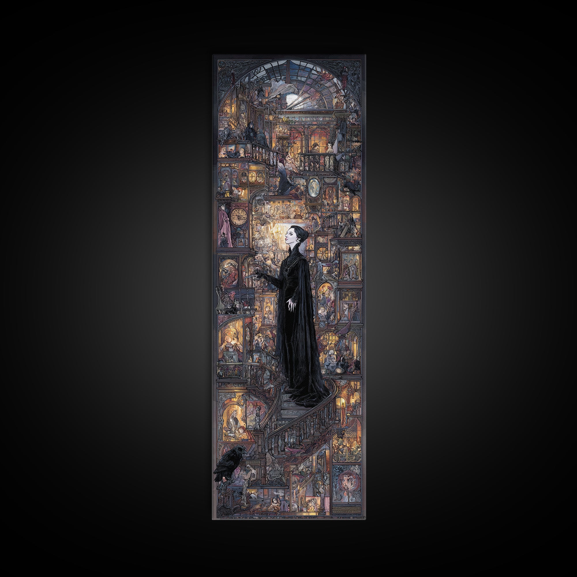 The Midnight Antique Shop, Stained Glass Gothic Art, Tall Narrow Wall Art, Macabre Wall Art, Framed Canvas Print, Halloween Wall Art