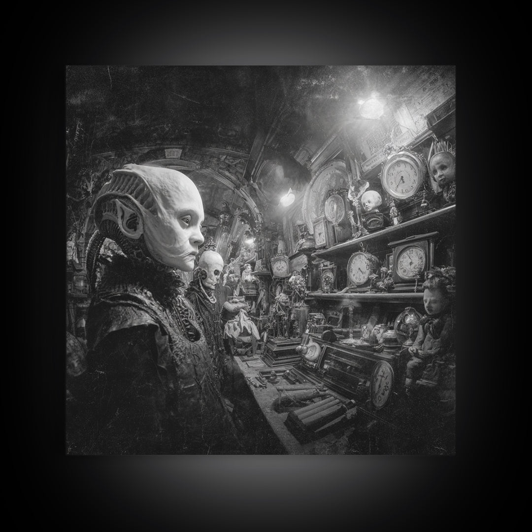 The Midnight Antique Shop, Biomechanical Horror Art, Square Wall Art, Macabre Wall Art, Framed Canvas Print, Halloween Wall Art