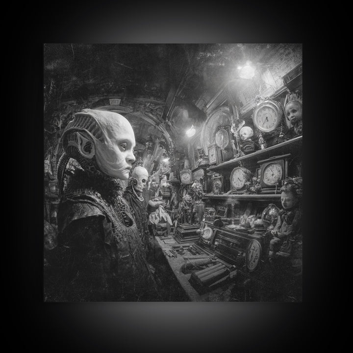 The Midnight Antique Shop, Biomechanical Horror Art, Square Wall Art, Macabre Wall Art, Framed Canvas Print, Halloween Wall Art