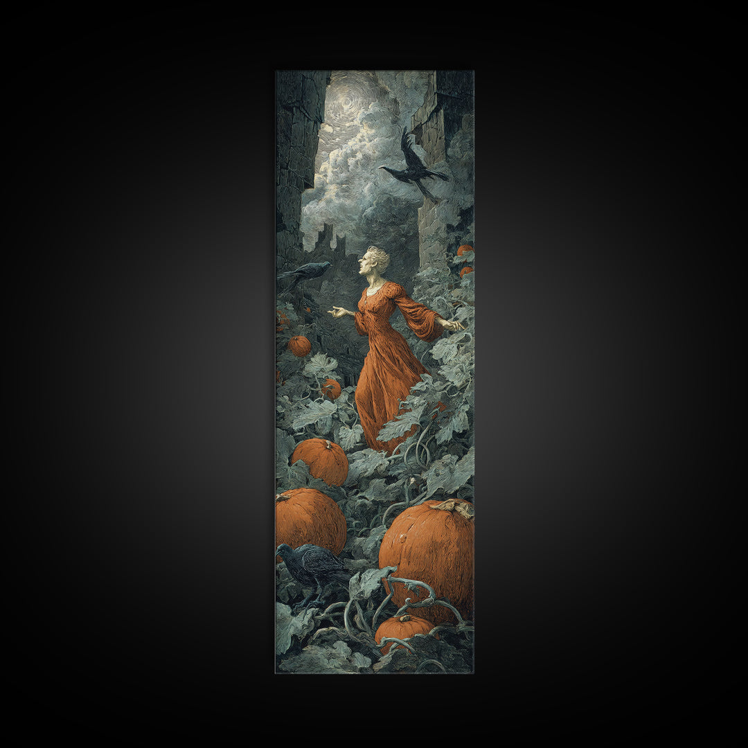 The Pumpkin Patch Maze, Gothic Engraving Art, Tall Narrow Wall Art, Macabre Wall Art, Framed Canvas Print, Halloween Wall Art