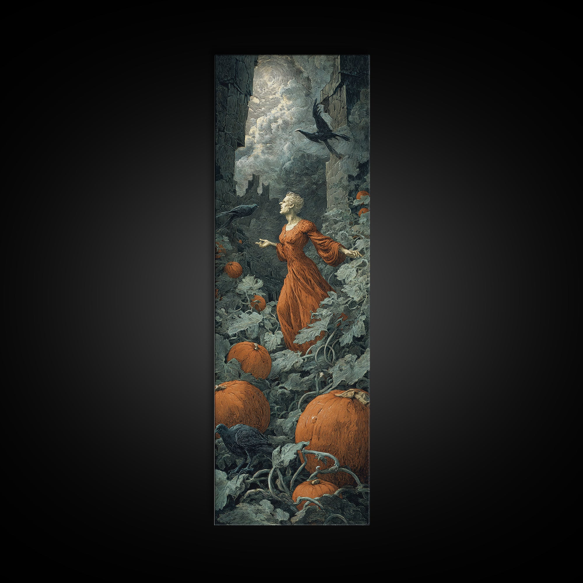 The Pumpkin Patch Maze, Gothic Engraving Art, Tall Narrow Wall Art, Macabre Wall Art, Framed Canvas Print, Halloween Wall Art