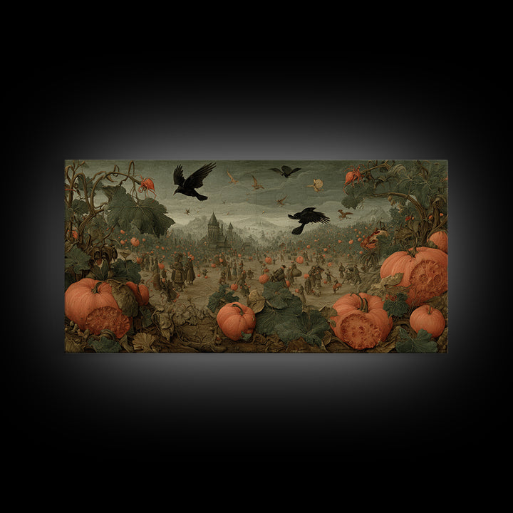 The Pumpkin Patch Maze, Northern Renaissance Horror, Wide Panoramic Art, Macabre Wall Art, Framed Canvas Print, Halloween Wall Art