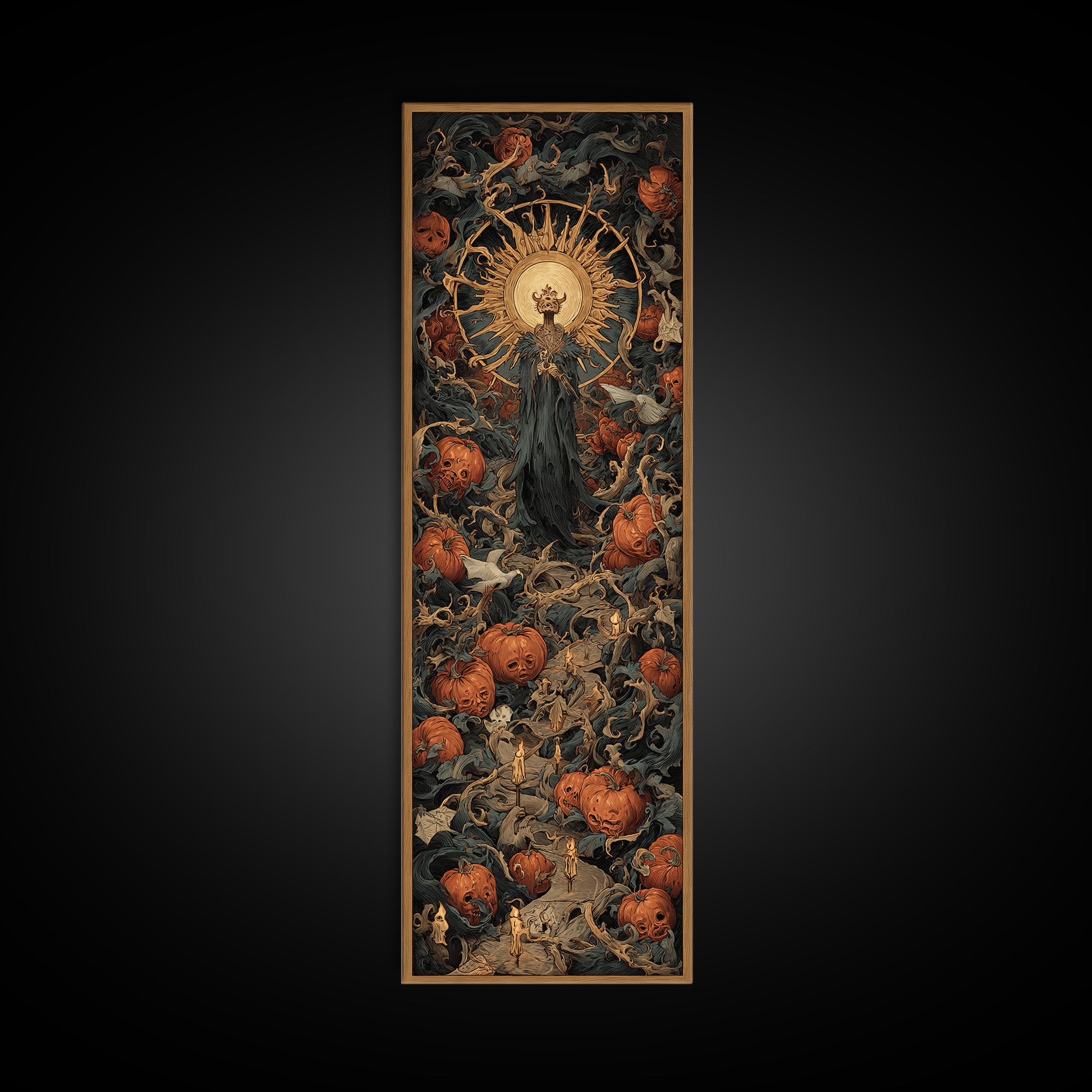 The Pumpkin Patch Maze, Dark Renaissance Art, Tall Narrow Wall Art, Macabre Wall Art, Canvas Print, Halloween Wall Art